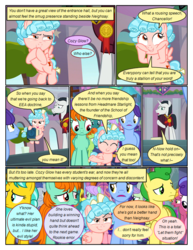 Size: 612x792 | Tagged: safe, artist:newbiespud, edit, edited screencap, screencap, chancellor neighsay, cozy glow, earth pony, pegasus, pony, unicorn, comic:friendship is dragons, g4, background pony, background pony audience, belly, cheek squish, colt, comic, dialogue, eyes closed, female, filly, flying, freckles, hoof hold, horn, looking down, looking up, male, mare, screencap comic, smiling, smirk, smug, squishy cheeks, stallion, thinking, worried
