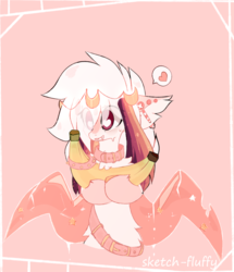 Size: 912x1062 | Tagged: safe, artist:php146, oc, oc:ayaka, earth pony, pony, alternate design, banana, chest fluff, collar, drool, ear fluff, female, food, hair over eyes, heart, heart eyes, mare, ponified, species swap, speech bubble, spiked collar, unshorn fetlocks, wingding eyes