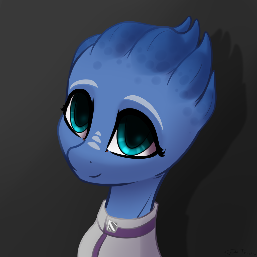 #2150642 - safe, artist:shido-tara, asari, pony, bust, crossover, gray background, mass effect