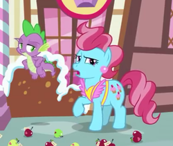Size: 615x519 | Tagged: safe, screencap, cup cake, spike, dragon, earth pony, pony, g4, the big mac question, cropped, duo, female, male, mare, spike is not amused, unamused, winged spike, wings