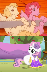 Size: 709x1078 | Tagged: safe, edit, edited screencap, editor:korora, screencap, heart throb, lofty, sweetie belle, pegasus, pony, unicorn, bright lights, g1, g4, my little pony 'n friends, the show stoppers, animation error, apple, apple tree, clothes, clothes line, cropped, extra legs, female, filly, five legs, foal, food, g1 to g4, generation leap, great moments in animation, literal fifth leg, mare, mousetrap, not a penis, sweetie fail, tree