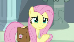 Size: 1920x1080 | Tagged: safe, screencap, fluttershy, pony, daring doubt, g4, cute, female, mare, rainbow dash's house, saddle bag, shyabetes, smiling, solo