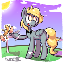 Size: 1147x1128 | Tagged: safe, artist:duckoiii, derpy hooves, pegasus, pony, g4, bowtie, burger, female, food, hay burger, mare, solo, waiter, white pupils