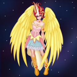 Size: 2835x2835 | Tagged: safe, artist:anonix123, sunset shimmer, angel, human, equestria girls, g4, angelic, beautiful, breasts, busty sunset shimmer, cleavage, clothes, cute, daydream shimmer, dress, female, fingerless gloves, gloves, glowing horn, high res, horn, human coloration, humanized, looking at you, night, skirt, smiling, solo, stars, wings