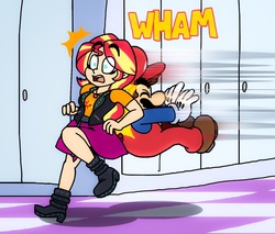 Size: 1280x1089 | Tagged: safe, artist:cailauniverse, sunset shimmer, human, equestria girls, g4, my little pony equestria girls: better together, cap, clothes, crash, crashed, crashing, crossover, geode of empathy, gloves, hat, lockers, magical geodes, male, mario, mario's hat, nintendo, shoes, super mario bros., thrown