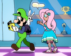 Size: 1540x1206 | Tagged: safe, artist:cailauniverse, angel bunny, fluttershy, human, rabbit, equestria girls, equestria girls series, g4, animal, backpack, book, cap, clothes, crossover, geode of fauna, gloves, hat, humanized, luigi, luigi's hat, luigishy, magical geodes, male, nintendo, shoes, super mario bros., waving