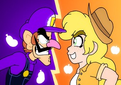 Size: 1280x902 | Tagged: safe, artist:cailauniverse, applejack, human, equestria girls, g4, apple, clothes, cowboy hat, crossover, eggplant, food, hat, looking at each other, male, nintendo, super mario bros., waluigi, waluigi's hat