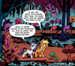 Size: 725x642 | Tagged: safe, artist:andypriceart, idw, official comic, applejack, rarity, earth pony, pony, unicorn, g4, spoiler:comic, spoiler:comic03, duo, female, flower, forest of leota, giant flower, mare, speech bubble, swamp, tree