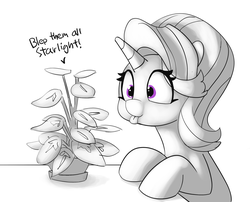 Size: 2204x1781 | Tagged: safe, artist:pabbley, phyllis, starlight glimmer, pony, unicorn, a horse shoe-in, g4, :p, cute, eye clipping through hair, female, glimmerbetes, hallucination, insanity, mare, partial color, plant, potted plant, pure unfiltered evil, silly, smiling, solo, tongue out, wrong eye color