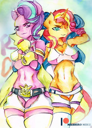 Size: 2480x3438 | Tagged: safe, artist:mashiromiku, starlight glimmer, sunset shimmer, anthro, g4, armpits, boxing, boxing gloves, clothes, high res, midriff, patreon, patreon logo, sports, sports bra, traditional art, watercolor painting