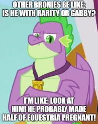 Size: 500x628 | Tagged: safe, edit, edited screencap, screencap, spike, dragon, g4, the last problem, caption, cropped, gigachad spike, image macro, implied gabby, implied pregnancy, implied rarity, implied shipping, implied spabby, implied sparity, implied straight, male, meme, older, older spike, royal advisor, spike gets all the mares, text, winged spike, wings