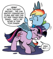 Size: 504x568 | Tagged: safe, artist:andypriceart, idw, official comic, rainbow dash, twilight sparkle, pegasus, pony, unicorn, g4, spoiler:comic, spoiler:comic04, duo, eyes closed, female, mare, noogie, simple background, speech bubble, unicorn twilight, white background