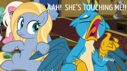 Size: 1920x1080 | Tagged: safe, edit, edited screencap, screencap, blues, dark moon, fuchsia frost, gallus, goldy wings, graphite, noteworthy, earth pony, griffon, pegasus, pony, unicorn, a horse shoe-in, g4, animation error, bored, dialogue, discovery family logo, female, friendship student, frown, male, mare, personal space invasion, stallion, yawn