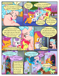 Size: 612x792 | Tagged: safe, artist:newbiespud, edit, edited screencap, screencap, apple bloom, cozy glow, gallus, ocellus, sandbar, scootaloo, silverstream, smolder, sweetie belle, yona, changedling, changeling, classical hippogriff, dragon, earth pony, griffon, hippogriff, pegasus, pony, unicorn, yak, comic:friendship is dragons, g4, school raze, bedroom eyes, bow, comic, cutie mark, cutie mark crusaders, dialogue, dragoness, eyes closed, female, freckles, grin, hair bow, male, pointing, raised hoof, screencap comic, smiling, student six, the cmc's cutie marks