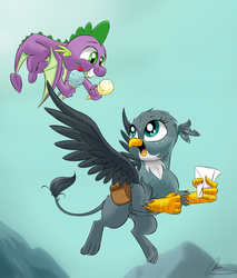 Size: 2868x3372 | Tagged: safe, artist:oinktweetstudios, gabby, spike, dragon, griffon, dragon dropped, g4, claws, duo, female, flying, food, high res, ice cream, ice cream cone, looking back, mail carrier, male, paws, saddle bag, smiling, winged spike, wings