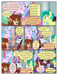 Size: 612x792 | Tagged: safe, artist:newbiespud, edit, edited screencap, screencap, chancellor neighsay, sandbar, silverstream, yona, classical hippogriff, earth pony, hippogriff, pony, yak, comic:friendship is dragons, g4, school raze, chains, chair, comic, desk, dialogue, eyes closed, female, flying, frown, looking down, male, sad, screencap comic, stallion, table, trash can