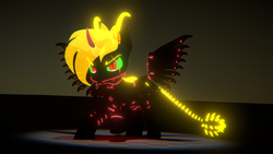 Size: 3840x2160 | Tagged: safe, artist:phoenixtm, oc, oc:phoenix stardash, dracony, hybrid, 3d, angry, colored horn, curved horn, cyborg dracony, dracony alicorn, edgy, halloween, high res, holiday, horn, minigun, sombra eyes, sombra horn, spread wings, weapon, wings