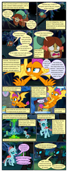 Size: 612x1553 | Tagged: safe, artist:newbiespud, edit, edited screencap, screencap, ocellus, smolder, yona, changedling, changeling, dragon, goo, pony, spider, yak, comic:friendship is dragons, g4, what lies beneath, bow, comic, confused, crystal, dialogue, dragoness, female, flying, hair bow, raised hoof, scared, screencap comic, shadow, smiling, spider web, suspicious