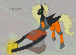 Size: 1825x1326 | Tagged: safe, artist:nsilverdraws, oc, oc only, oc:veen sundown, horse, pegasus, pony, clothes, female, half-life, hev suit, lambda, mare, ponytail, resonance cascade, sketch, solo, suit, sundown clan, test chamber, this is fine, this will not end well