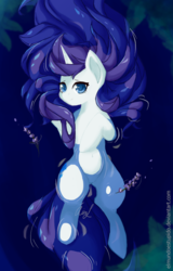 Size: 704x1100 | Tagged: safe, artist:wintershibe, rarity, pony, unicorn, g4, colored pupils, cute, female, floating, lavender, looking at you, mare, on back, raribetes, smiling, solo, water, wet, wet mane, wet mane rarity