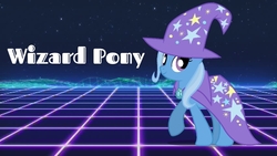 Size: 852x480 | Tagged: safe, artist:mixermike622, edit, trixie, pony, unicorn, g4, best pony, cape, clothes, cute, digital background, female, hat, looking at you, mare, raised hoof, smiling, solo, text, trixie's cape, trixie's hat, wizard, wizard pony