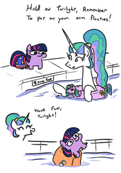 Size: 763x1089 | Tagged: safe, artist:jargon scott, princess celestia, twilight sparkle, alicorn, pony, g4, 2 panel comic, ^^, adorable distress, comic, cute, cutelestia, dialogue, eyes closed, female, flailing, float, horn, inner tube, mare, ponytail, simple background, smol, squatpony, swimming, swimming pool, talking, twiabetes, twiggie, water, water wings, white background