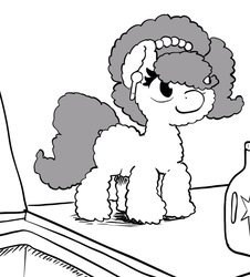 Size: 926x1024 | Tagged: safe, artist:muffinshire, oc, oc only, oc:brownie bun, pony, horse wife, airpods, earbuds, everything went better than expected, fluffy, grayscale, lineart, monochrome, solo, washing machine