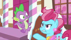 Size: 1280x720 | Tagged: safe, screencap, cup cake, spike, dragon, earth pony, pony, g4, the big mac question, baby, baby dragon, butt, cup cake is not amused, duo, ear piercing, earring, feet, female, flying, frown, gritted teeth, jewelry, male, male feet, mare, piercing, plot, raised hoof, spread toes, spread wings, tail, toes, winged spike, wings