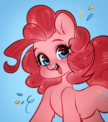 Size: 1442x1632 | Tagged: safe, artist:aphphphphp, pinkie pie, earth pony, pony, g4, blue background, confetti, cute, diapinkes, ear fluff, female, gradient background, leg fluff, mare, open mouth, solo