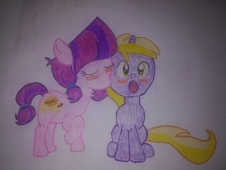 Size: 3968x2976 | Tagged: safe, artist:cmc--scootaloo, dinky hooves, lily longsocks, earth pony, hedgehog, pony, unicorn, g4, blushing, cheek kiss, crush, cute, cutie mark, duo, eyes closed, female, filly, foal, foal romance, high res, hnnng, kissing, lesbian, open mouth, raised hoof, romance, ship:dinkily, shipping, sitting, standing, surprised, traditional art, wide eyes, wide mouth