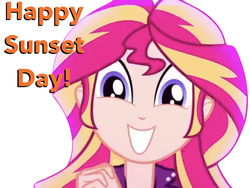 Size: 1024x768 | Tagged: safe, edit, edited screencap, screencap, sunset shimmer, equestria girls, g4, my little pony equestria girls: summertime shorts, pet project, cute, shimmerbetes, simple background, smiling, sunset shimmer day, text, white background
