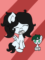 Size: 720x960 | Tagged: safe, artist:lightning135, oc, oc only, oc:alfalfa, oc:kleo, pegasus, pony, unicorn, abstract background, brother and sister, bucktooth, digital art, duo, eyes closed, female, male, mouth hold, offspring, open mouth, parent:oc:deren, parent:oc:lightwave, parents:oc x oc, siblings, sign, spread wings, wings