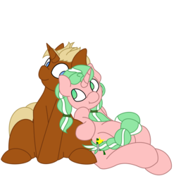 Size: 2000x2000 | Tagged: safe, artist:solardoodles, oc, oc:honeydew, oc:scuffle, pony, unicorn, fanfic:magic of the heart, duo, friendly, gradient eyes, high res, leaning back, scuffledew, simple background, sitting, smiling, transparent background, ych result