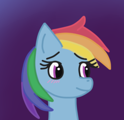 Size: 509x492 | Tagged: safe, rainbow dash, pegasus, pony, g4, blushing, colored sketch, eyebrows, female, gradient background, happy, mare, purple background, smiling, solo