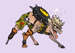 Size: 3549x2520 | Tagged: safe, artist:the-blackeye, earth pony, pony, amputee, clothes, crossover, high res, junkrat, male, overwatch, peg leg, prosthetic arm, prosthetic leg, prosthetic limb, prosthetics, riptire, sharp teeth, shorts, simple background, sketch, skull, smoke, solo, stallion, tattoo, teeth