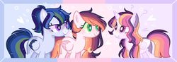 Size: 1280x449 | Tagged: safe, artist:nocturnal-moonlight, oc, oc only, oc:irene, oc:moondust, oc:sparkle dash, alicorn, pegasus, pony, alicorn oc, base used, coat markings, colored wings, exclamation point, female, interdimensional siblings, magical lesbian spawn, mare, multicolored wings, offspring, parent:rainbow dash, parent:twilight sparkle, parents:twidash, question mark, two toned wings, wings