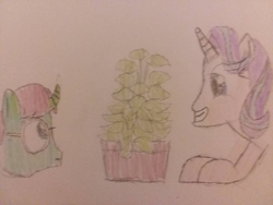 Size: 1032x774 | Tagged: safe, artist:derek the metagamer, phyllis, starlight glimmer, oc, oc:dirk wise, pony, a horse shoe-in, g4, potted plant, traditional art