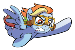 Size: 1500x1000 | Tagged: safe, artist:tonyfleecs, idw, rainbow dash, pegasus, pony, g4, ponies of dark water, spoiler:comic, spoiler:comic45, background removed, backwards cutie mark, comics, corrupted, cropped, female, flying, goggles, gritted teeth, simple background, solo, supersonic rainbow dash, transparent background