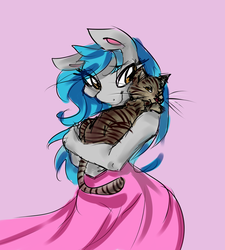 Size: 1280x1424 | Tagged: safe, artist:elisdoominika, oc, oc only, oc:sweet elis, cat, earth pony, anthro, bedroom eyes, blue mane, brown eyes, carrying, clothes, dress, pink, smiling, solo