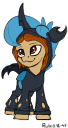 Size: 500x939 | Tagged: safe, artist:rubiont, oc, oc only, oc:artist rubiont, oc:change, changeling, pony, blue changeling, camouflage, changeling costume, clothes, costume, disguise, kigurumi, plushie, simple background, sketch, solo, suit, transparent background