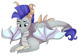 Size: 3500x2502 | Tagged: safe, artist:2pandita, oc, oc only, dragon, book, high res, prone, simple background, solo, transparent background
