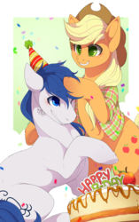 Size: 1254x2000 | Tagged: safe, artist:mr-tiaa, applejack, oc, oc:constance everheart, earth pony, pony, g4, birthday, birthday cake, blushing, cake, canon x oc, celebration, clothes, everjack, female, food, male, mare, noogie, shipping, shirt, stallion, straight