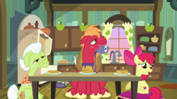 Size: 1920x1080 | Tagged: safe, screencap, apple bloom, big macintosh, granny smith, g4, going to seed, food, pancakes