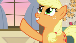 Size: 1920x1080 | Tagged: safe, screencap, applejack, earth pony, pony, g4, going to seed, female, freckles, mare, raised hoof, solo