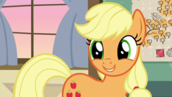 Size: 1920x1080 | Tagged: safe, screencap, applejack, earth pony, pony, g4, going to seed, cute, female, freckles, happy, jackabetes, map, mare, smiling, solo