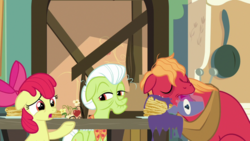 Size: 1920x1080 | Tagged: safe, screencap, apple bloom, big macintosh, granny smith, g4, going to seed, food, pancakes
