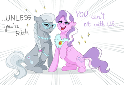 Size: 1748x1195 | Tagged: safe, artist:ali-selle, diamond tiara, silver spoon, earth pony, pony, g4, cantsit, duo, fanfic art, female, filly, funny, girly, jewelry, mare, tiara