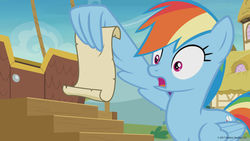 Size: 1600x900 | Tagged: safe, screencap, rainbow dash, pegasus, pony, g4, grannies gone wild, amused, feather fingers, female, mare, meme template, paper, reading, scroll, shocked, solo, to-do list, wing hands, wings