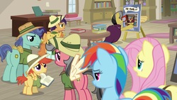 Size: 1920x1080 | Tagged: safe, screencap, a.k. yearling, compass course, endeavour, fluttershy, peach fuzz, rainbow dash, rose compass, viewfinder (g4), earth pony, pegasus, pony, daring doubt, g4, background pony, book, bookshelf, clothes, cosplay, costume, daring do cosplay, fake wings, female, hat, male, mare, pith helmet, stallion