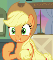 Size: 664x754 | Tagged: safe, screencap, applejack, earth pony, pony, g4, going to seed, cropped, cute, female, jackabetes, mare, raised hoof, solo